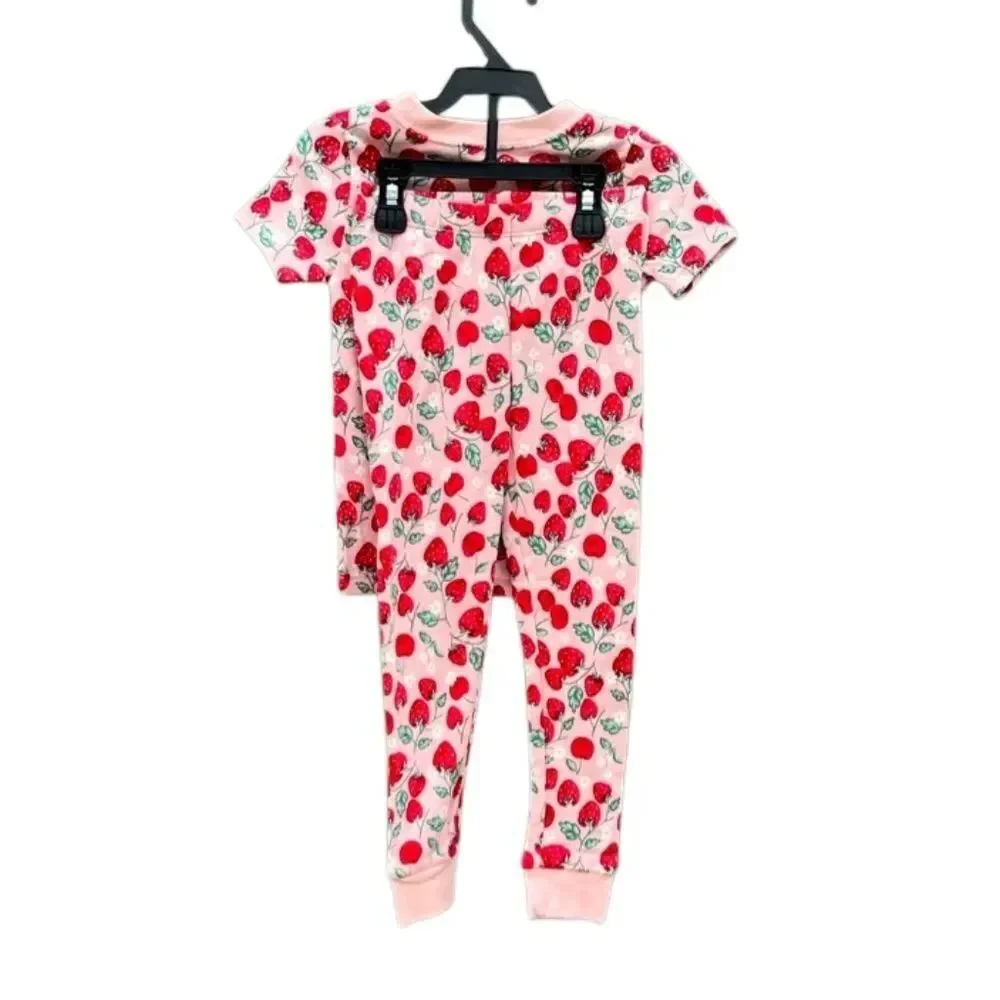 Toddler Cotton Sleep Tee & Pants Pajama Strawberry Print 2-Piece Set Size 4T